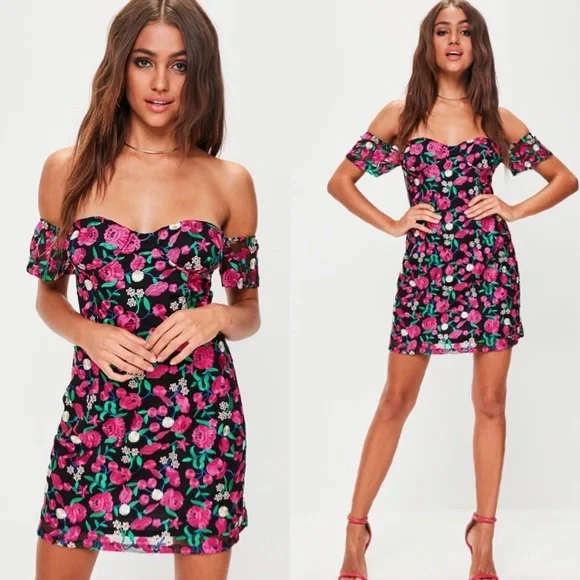 Missguided | Dresses | Nwot Missguided Embroidered Bardot Dress Size 4 |  Poshmark